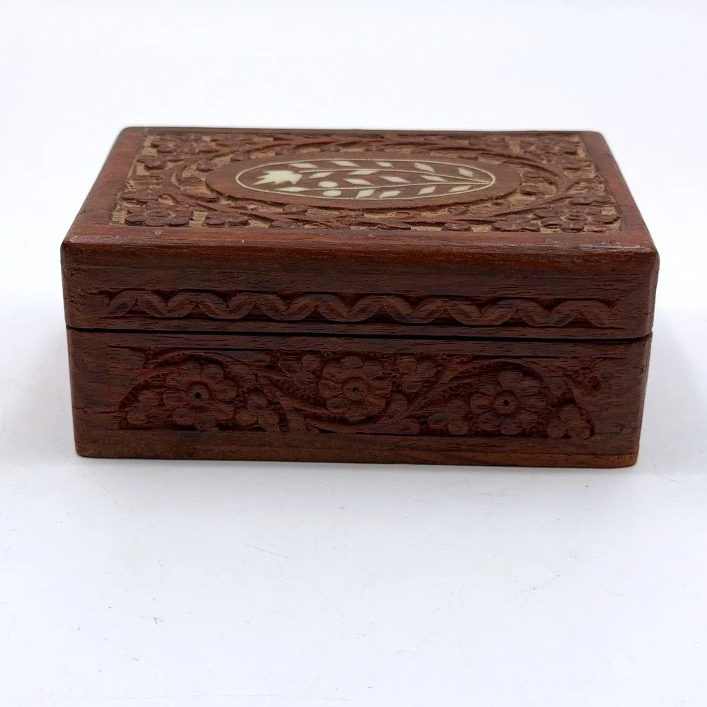 Vintage Hand Carved Wood Trinket Jewelry Needle Storage Box Faux Inlay
